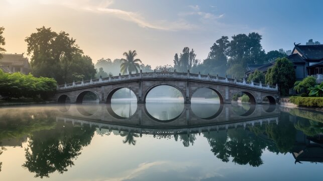 Serene bridge over calm waters at dawn - Powered by Adobe