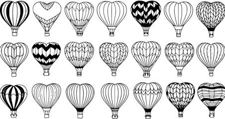 Black and White Line Art Hot Air Balloons in Heart Shape for Travel and Romance Themes © victoria