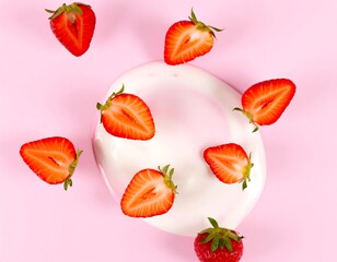 Delicious strawberries on a bowl of yogurt