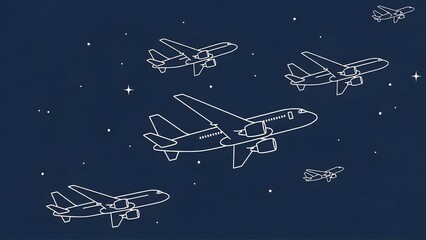 Artistic blueprint style illustration depicting several white line drawing passenger airplanes flying against a dark blue background speckled with small white stars.