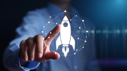Businessman launching innovative startup with rocket icon and network connections