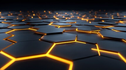 Close-up view of a dark, futuristic surface composed of hexagonal tiles with vibrant orange glowing lines. Geometric abstract