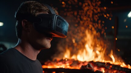 Medium shot of a trainee wearing VR headset practicing technical skills in a simulated industrial environment for immersive talent training.