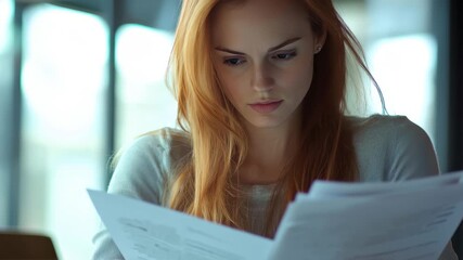Young business woman evaluates financial documents in a modern office setting during daylight, young business woman working with financial documents Slow motion 60fps