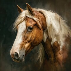 Elegant brown horse with flowing white mane in dramatic soft lighting portrait for stock