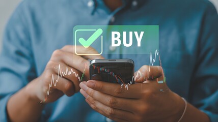 Investor using smartphone with cryptocurrency trends, buy sell trading signals, digital investment, and fintech technology for global financial growth.