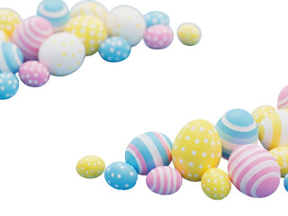 Fototapeta premium Colorful easter eggs scattered on transparent background with pastel shades and patterns