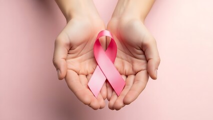 breast cancer awareness on isolated pastel pink background,First person top view photo of girl's hands holding pink ribbon in palms