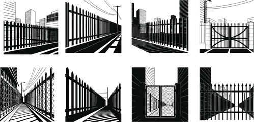 Urban fence icons, architectural silhouette set, black outline gates, barrier symbol, power line branding, sidewalk concept, perspective badge, city edge