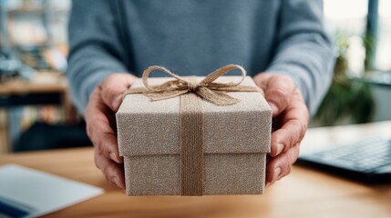 Close-up of hands presenting a small, wrapped gift box with a ribbon. The background is blurred with desk and office items