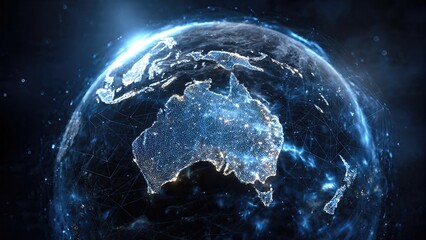 Digital earth view highlighting australia at night with glowing city networks