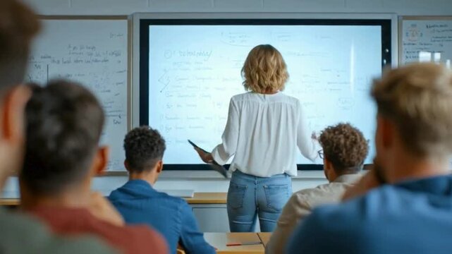 Teacher Using Tablet to Explain Lesson in Classroom