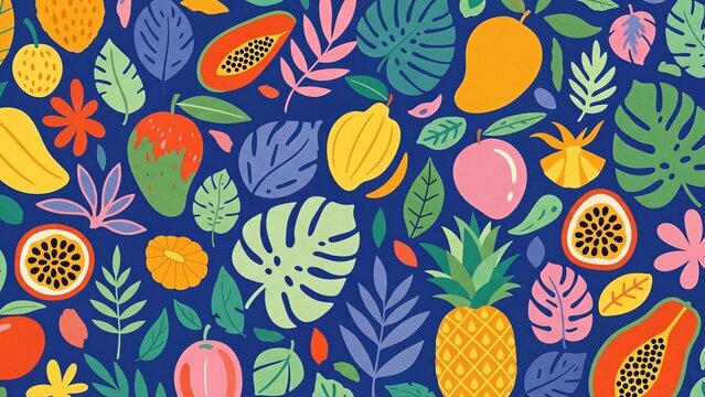 Vibrant tropical fruits and leaves on bold blue background
