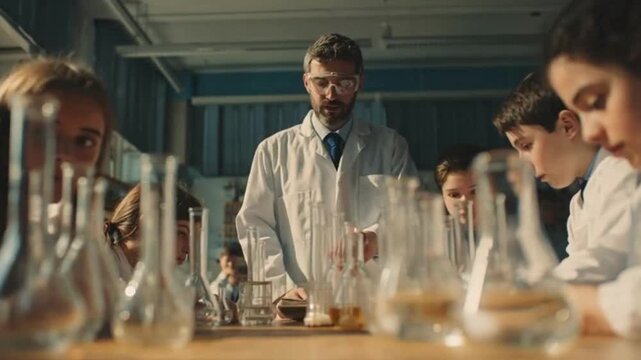 Chemistry Teacher Demonstrating Experiment in Laboratory