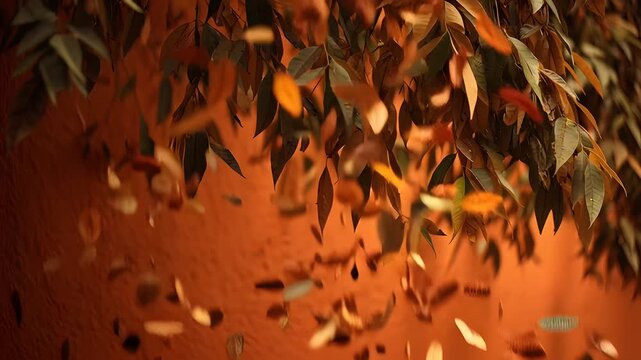Autumn leaves falling from tree branches with warm orange background