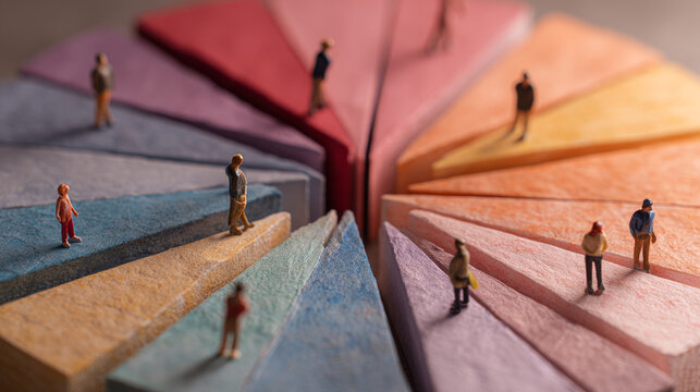 Colorful pie chart with each slice featuring textured, vibrant hues and miniature human figures standing on the edges, representing diverse data segments visually