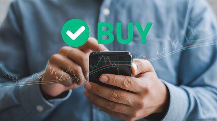 Investor using smartphone with cryptocurrency trends, buy sell trading signals, digital investment, and fintech technology for global financial growth.
