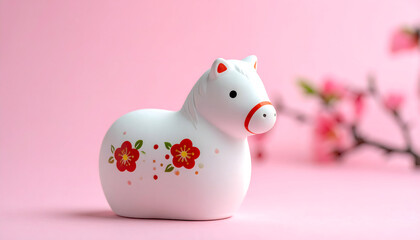 A charming white ceramic horse figurine adorned with red floral designs, set against a soft pink backdrop with delicate out-of-focus blossoms