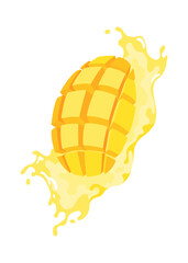 Ripe Mango Fruits Cut Out. Ripe Yellow and Sliced Mango on a White Background. Fruits and Sliced Mango Cut Out on White Background, Fresh Mango Close-up, Tropical Fruit