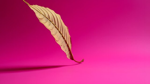 Dry leaf casting shadow on vibrant pink background