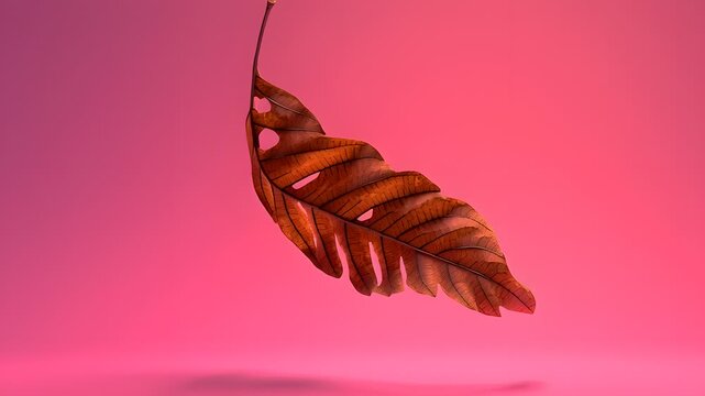 Floating dried leaf on vibrant pink background with soft lighting