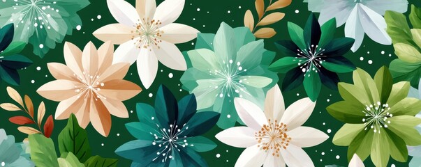 Vibrant winter snowflake pattern on green background with colorful star shapes and snow