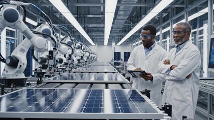 Two scientists in lab coats collaborate on solar panel production, showcasing robotic technology, camera pans across the assembly line with dynamic action