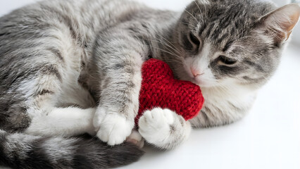 Cute tabby cat playing with a red knitted toy, close-up shot of a domestic feline enjoying its playtime.