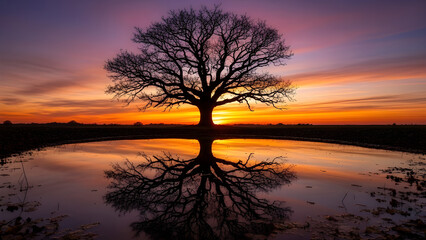 Fototapeta premium Silhouette Tree with Reflection on Water at Dramatic Sunset Sky