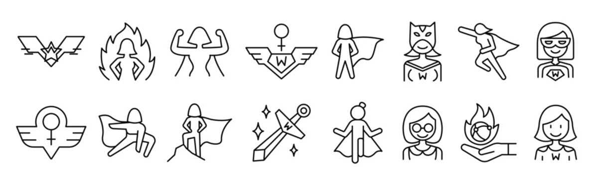 Super woman icon set in thin line style