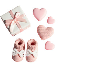 Adorable pink baby booties and gift box with hearts isolated on transparent background for valentines day or baby shower