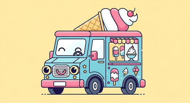 Colorful Cartoon Ice Cream Truck Illustration.