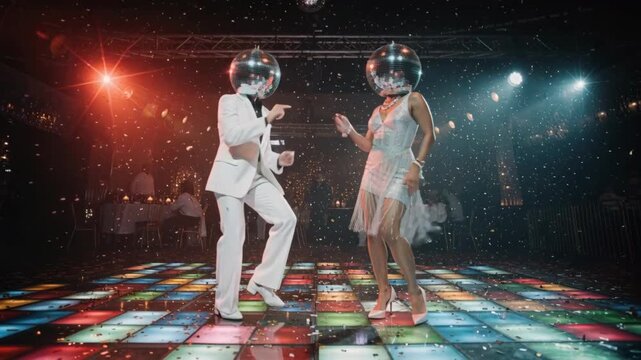 A couple with disco ball heads dancing at a retro party. Man and woman in 70s costumes on an illuminated dance floor under falling confetti. Fun nightlife celebration concept