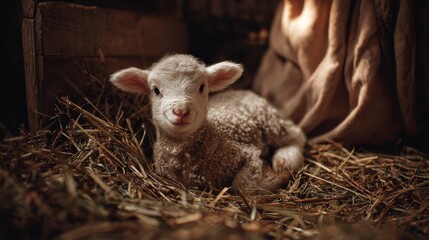 Fototapeta premium A fluffy, adorable lamb rests comfortably in a bed of hay within a rustic, wooden structure, smiling serenely. Natural lighting enhances the cozy scene