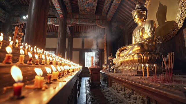 Buddhist temple interior at night with candles illuminating tranquil sacred space
