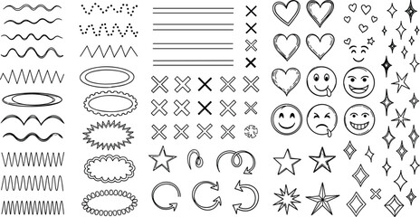 Hand drawn doodle design elements set, abstract scribble shapes, hearts stars and arrows collection, black sketch isolated vector illustration, cad drawing flat vector illustration.
