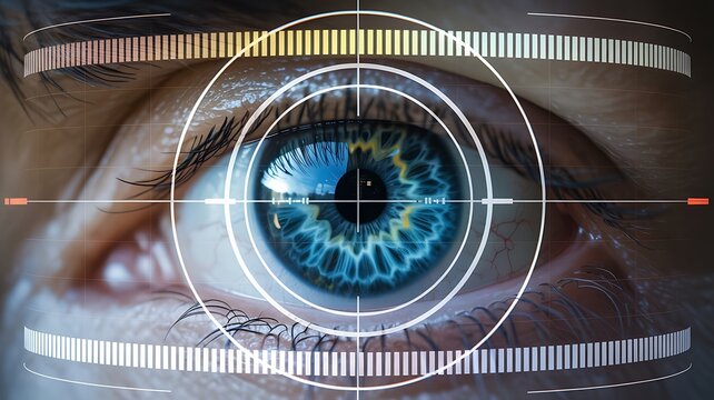 Blue eye with futuristic crosshair and digital interface overlay - Powered by Adobe