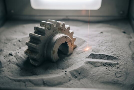 3D render of metal 3D printing process with laser sintering gear in metal powder bed