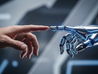 Human hand extending towards advanced robot hand in futuristic setting