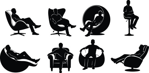 Set of sitting men silhouettes on modern furniture, interior design elements, architectural scale, cad drawing flat vector illustration.