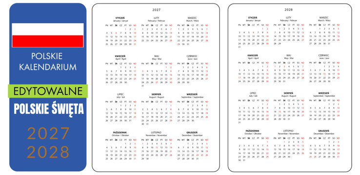 Kalendarz roczny na 2027, 2028, polski, kalendarium, polskie święta, edytowalny, szablon, planer