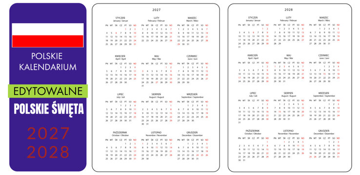 Kalendarz roczny na 2027, 2028, polski, kalendarium, polskie święta, edytowalny, szablon, planer