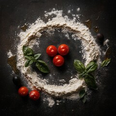 Fresh Ingredients for Homemade Italian Pizza on Dark Surface