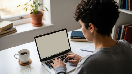 Young professional working on laptop at home office desk