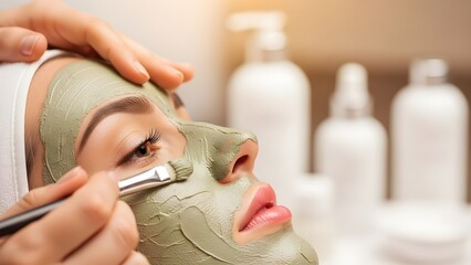 Young woman getting green clay mud mask applied for deep pore cleansing beauty treatment