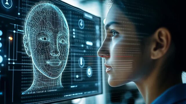 Woman engages with a digital face model displayed on a computer screen in a technology focused workspace during a presentation