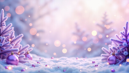 Fototapeta premium snow-covered landscape with purple Christmas trees and ornaments creating a festive atmosphere for holiday celebrations, with soft bokeh in the background