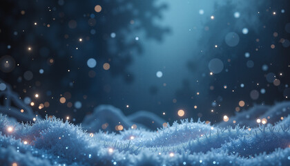 serene winter landscape with sparkling snowflakes falling softly amid frosty terrain and abstract blue background perfect for seasonal themes and holiday design