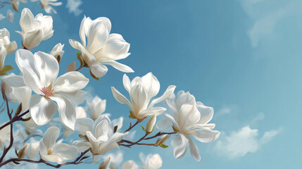 white magnolia flowers on blue background with copy space for wedding invitations and romantic stationery