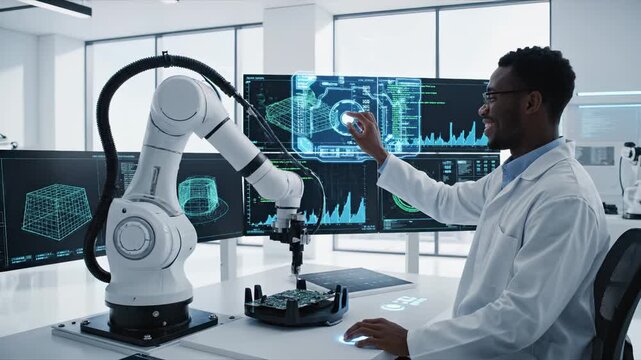 Scientist operates robotic arm in high-tech lab, analyzing data on multiple screens, showcasing advanced technology and innovation in action